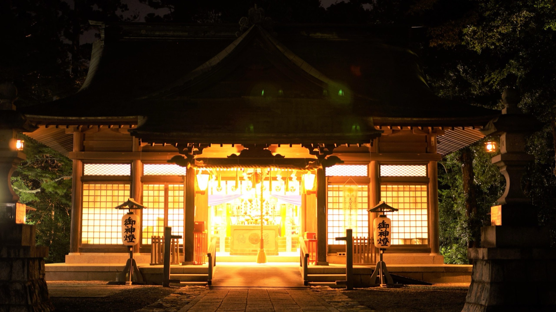 ライトアップされた國魂神社の社殿